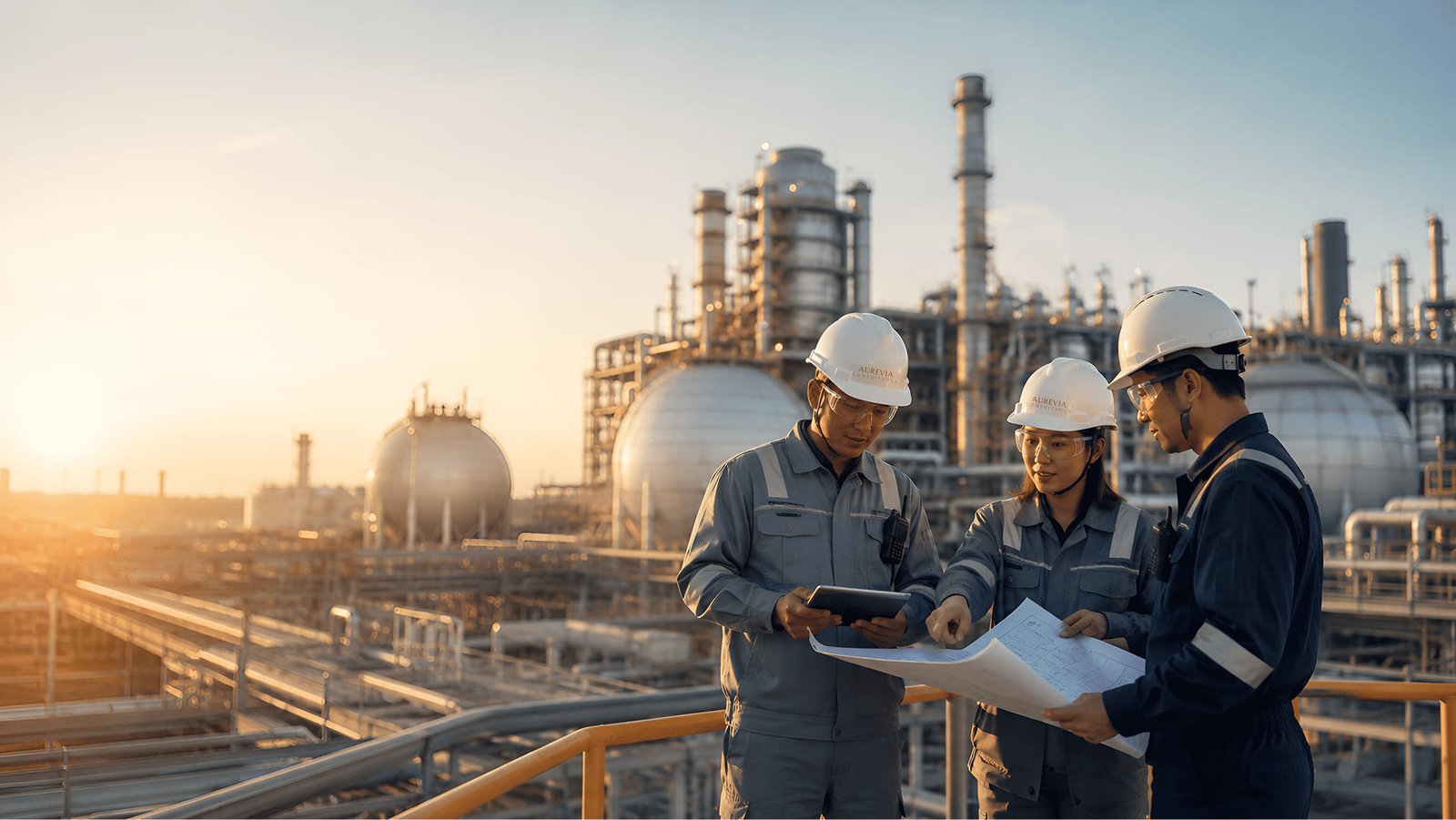 Engineers reviewing plans at a refinery at golden hour