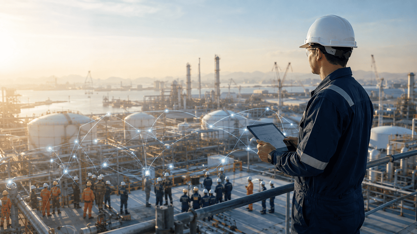 Supervisor overlooking an industrial port with a connected network overlay